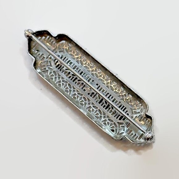 Filigree Brooch, Art Deco, Rhodium Plated, Edwardian, 20s, 30s, Silver, Antique - Picture 4 of 4